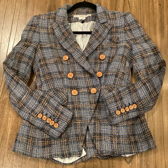 Veronica Beard Blue plaid tweed Miller Dickey Jacket double breasted cotton 4 - Picture 9 of 13